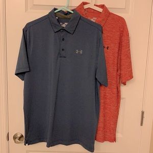 Two Men’s Medium Under Armour Heat Gear Shirts. Grayish blue and heathered red